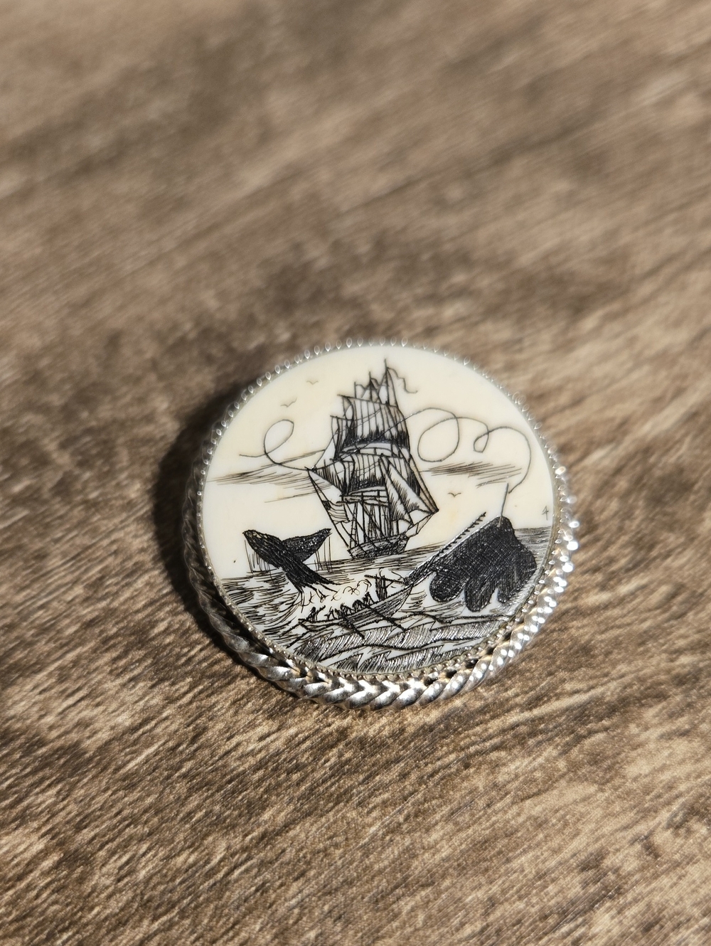 Faux Bone Scrimshaw Brooch Pendant